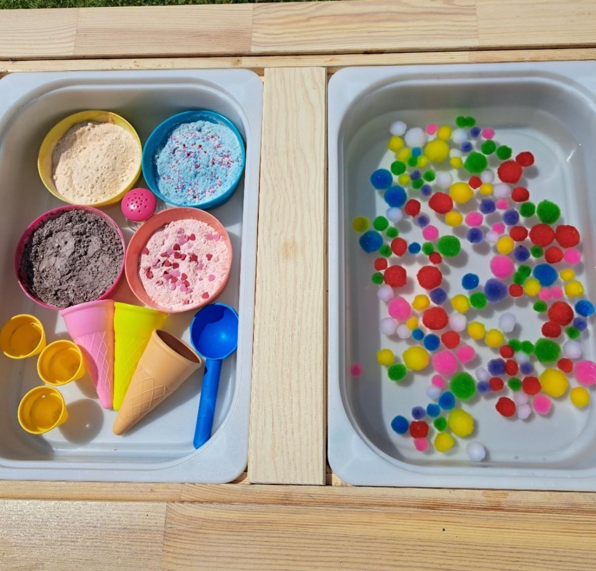 Colourful sensory play setup by Nanny Fifi